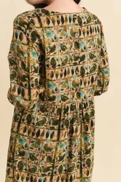 Knee-Length Abstract Cotton Blend Pocket Round-Neck Half-Sleeve A-Line Dress