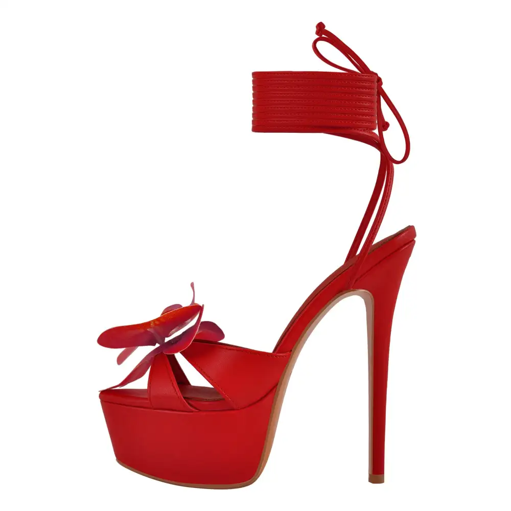 Round Toe Flower Platform Lace Up Stiletto Sandals