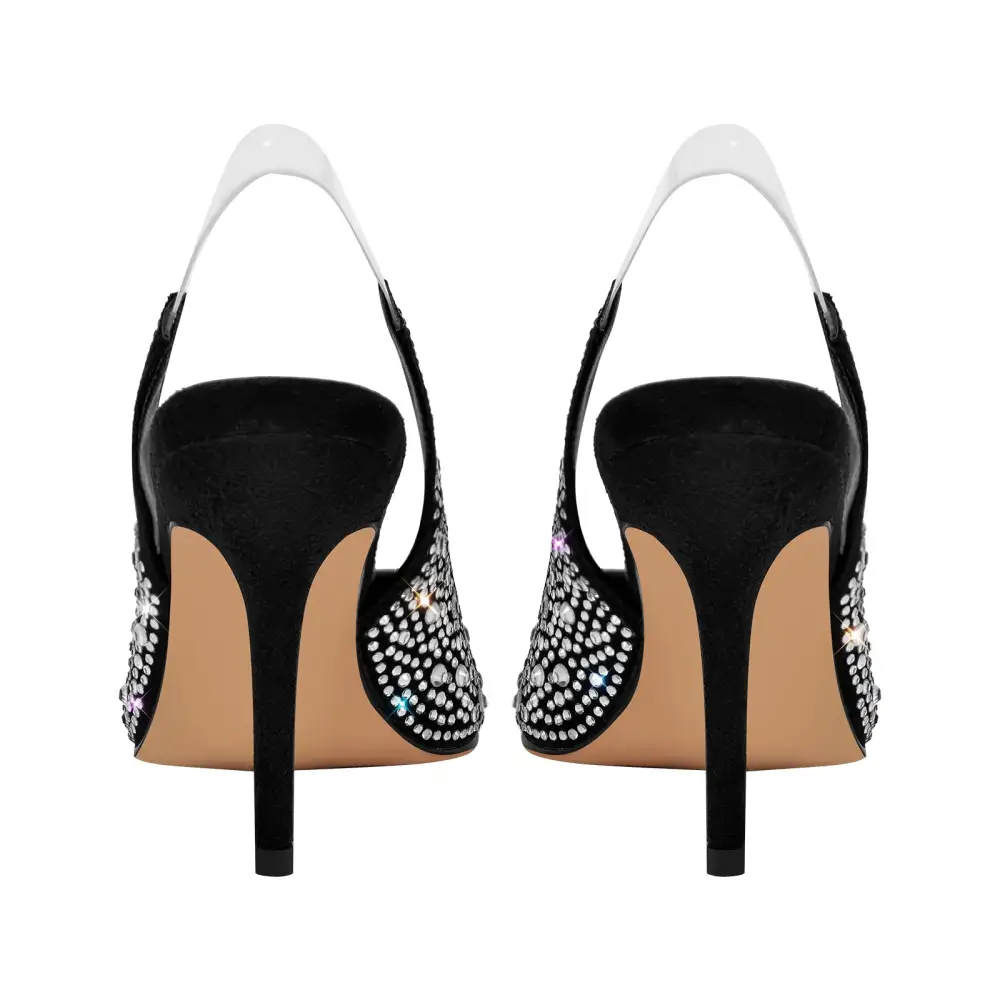 Rhinestone Pointed Toe Mid Heel Slingback Pumps