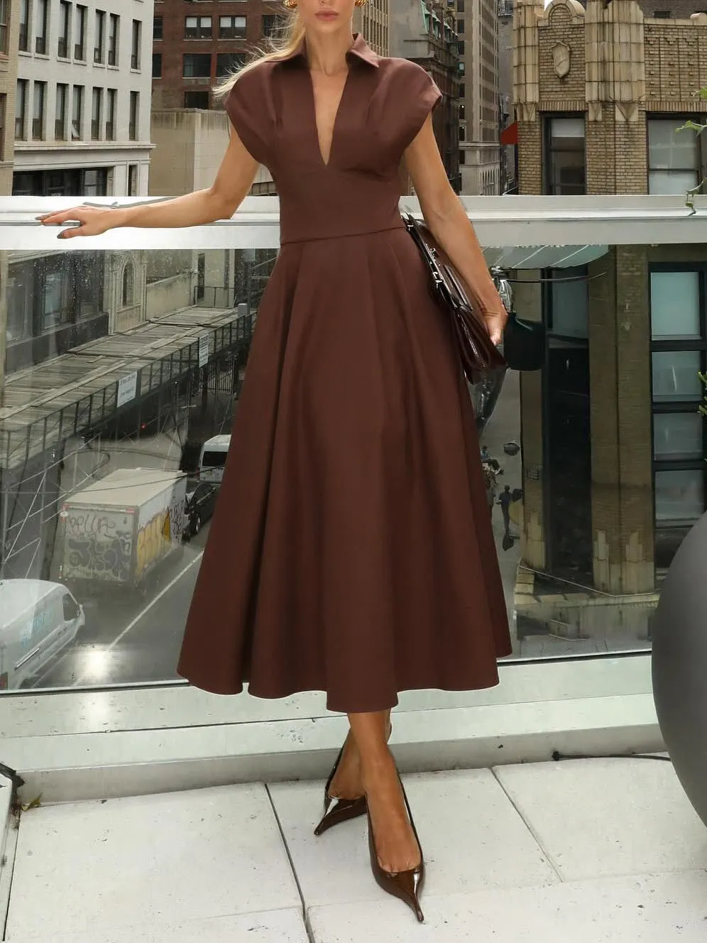 Elegant V Neck Waisted Flowing Midi Dress