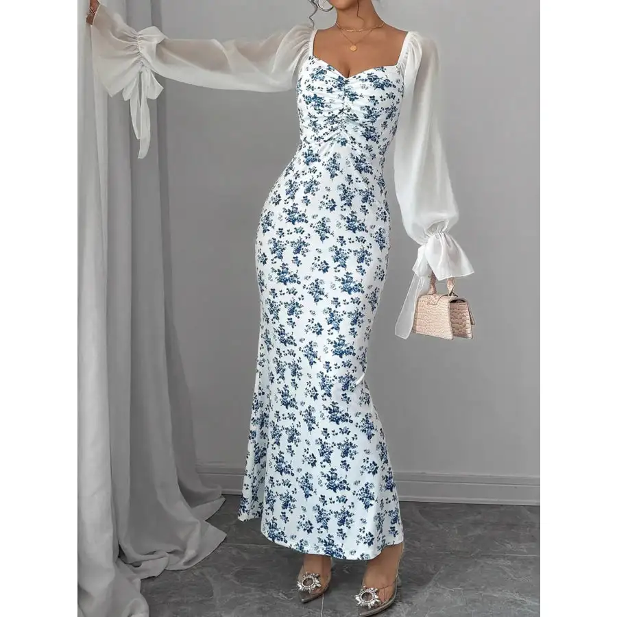 Floral Print Sweetheart Neckline Maxi Dress