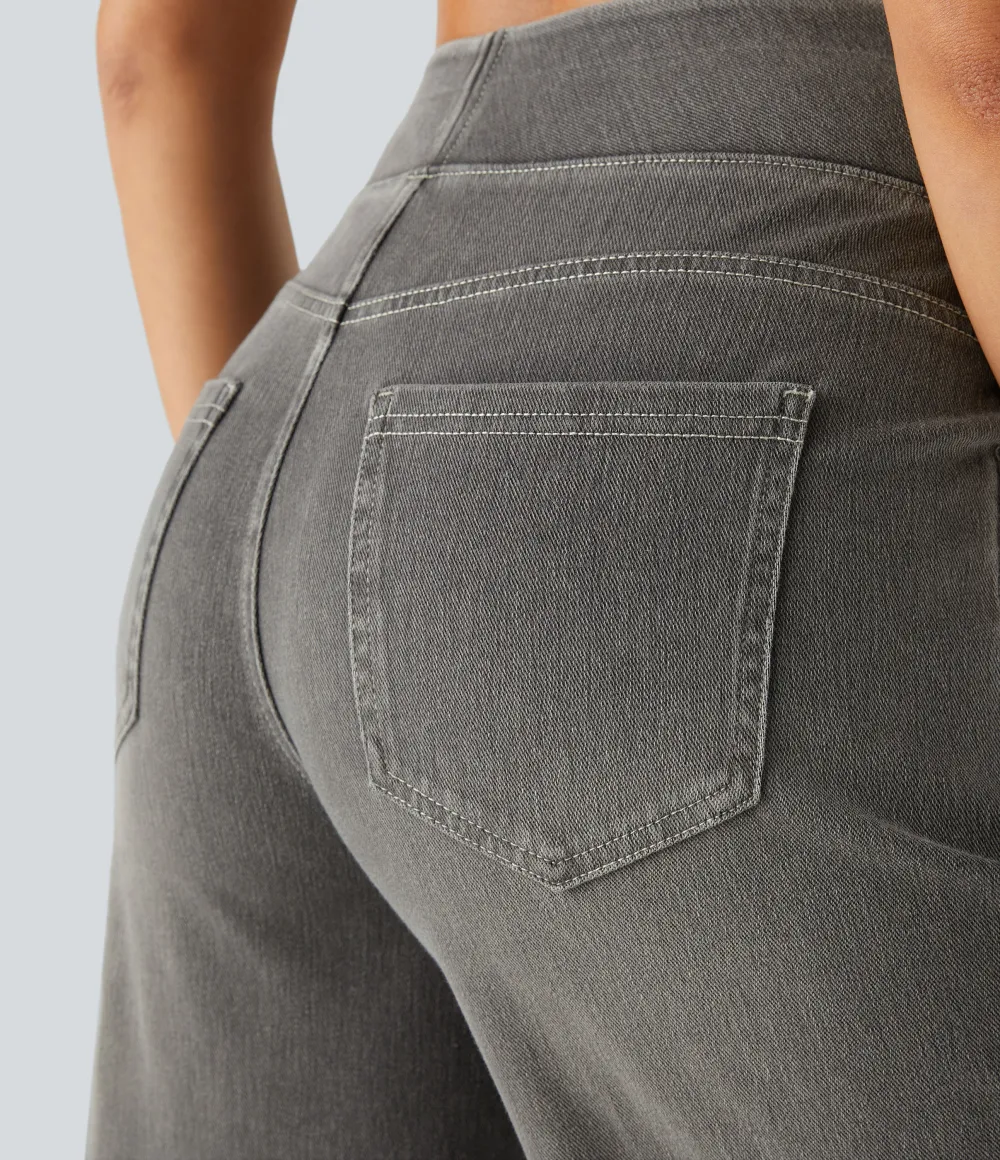 2026🔥  High Waisted Multiple Pockets Baggy Wide Leg Washed Stretchy Knit Casual Jeans