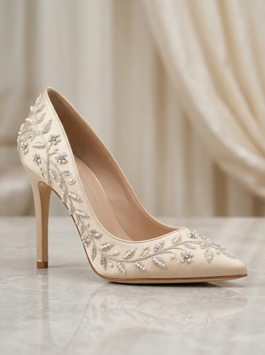 Pearl Floral Embroidered Bridal Women's Formal High Heels
