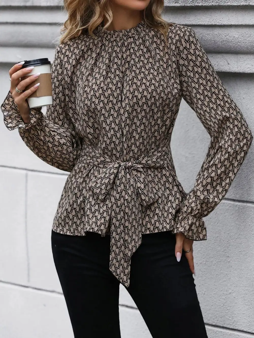 Tie-Waist Flounce-Sleeve Blouse