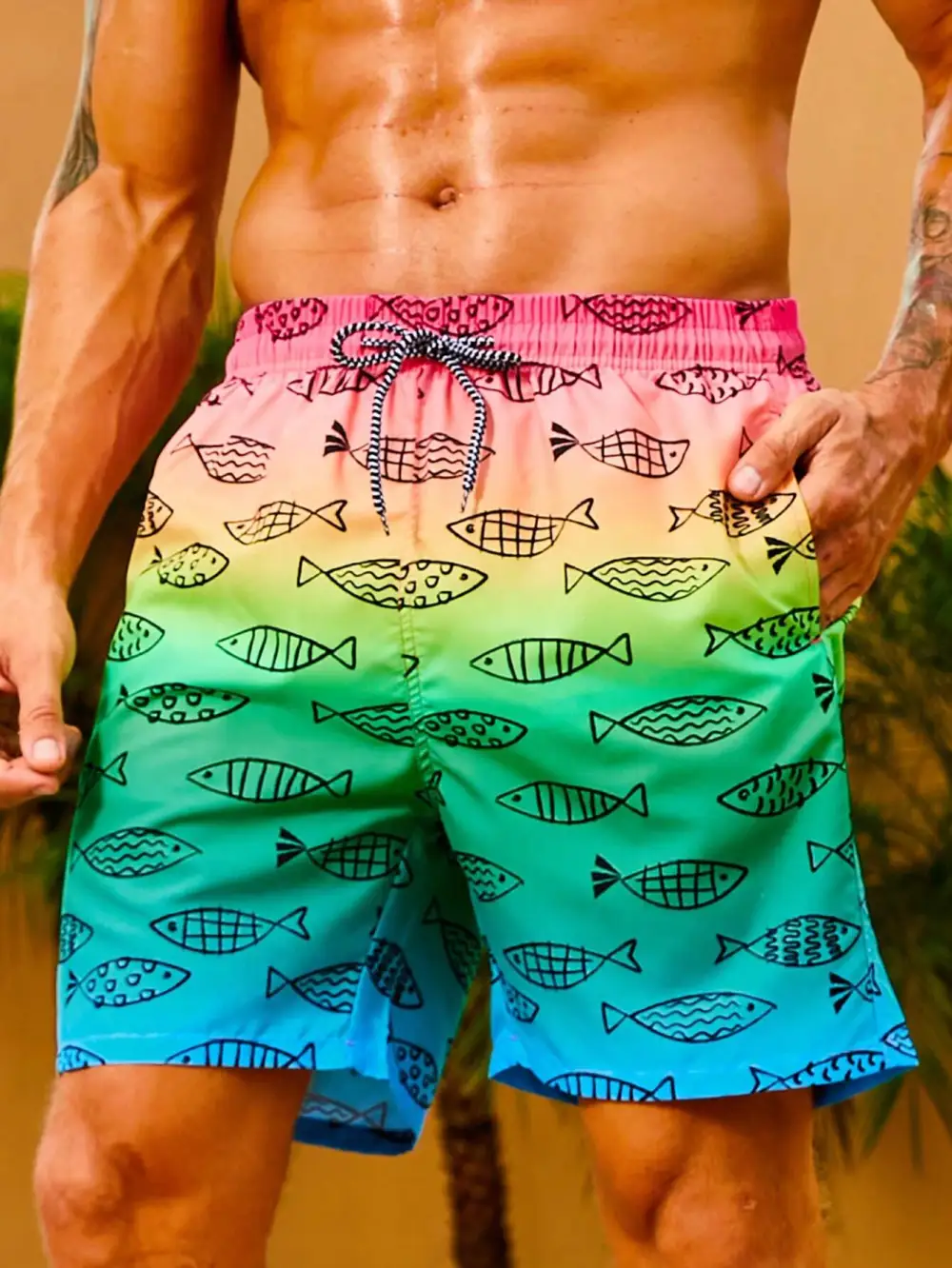 Men's Fish Print Drawstring Swim Trunks