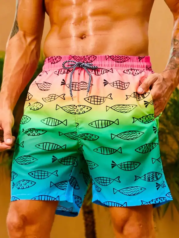 Men's Fish Print Drawstring Swim Trunks