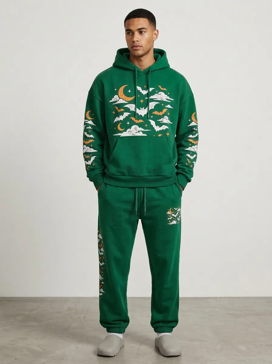 Men's Halloween Moon Bat Clouds Printed Hoodie Jogger Set