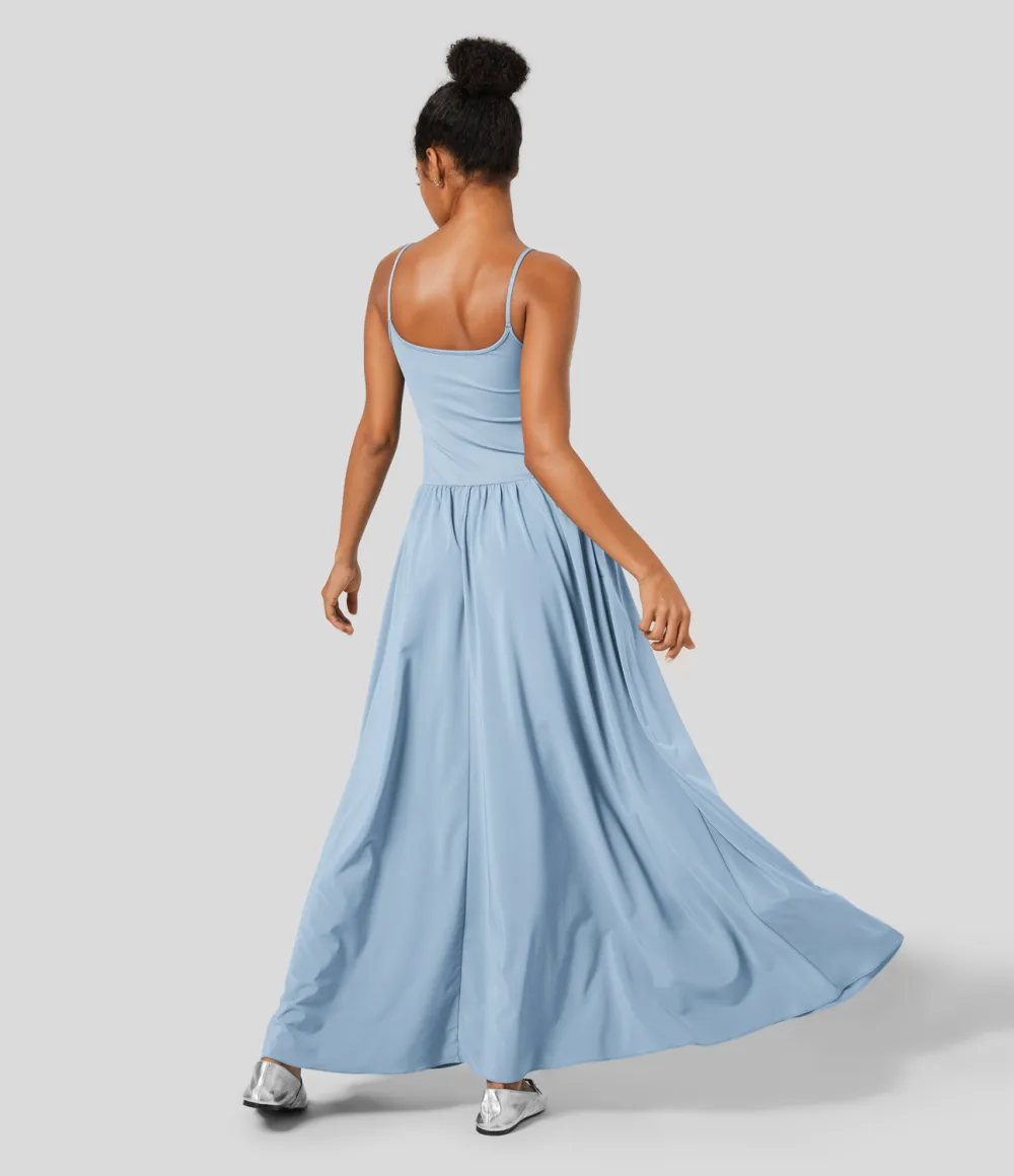 Breezeful Backless Side Pocket Plicated Flowy Flare Maxi Quick Dry Casual Slip Dress