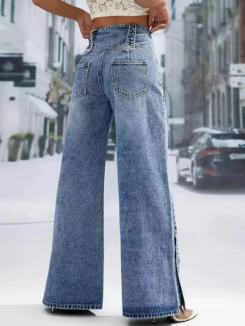 Trendy Women' High Waist Button Decor Wide Leg Jeans