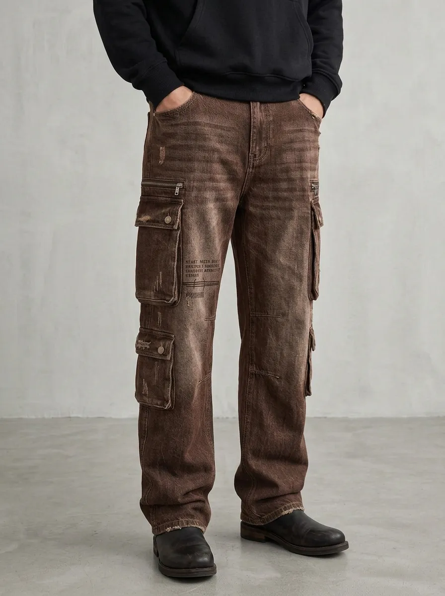 Men's Streetwear Distressed Graphic Cargo Jeans