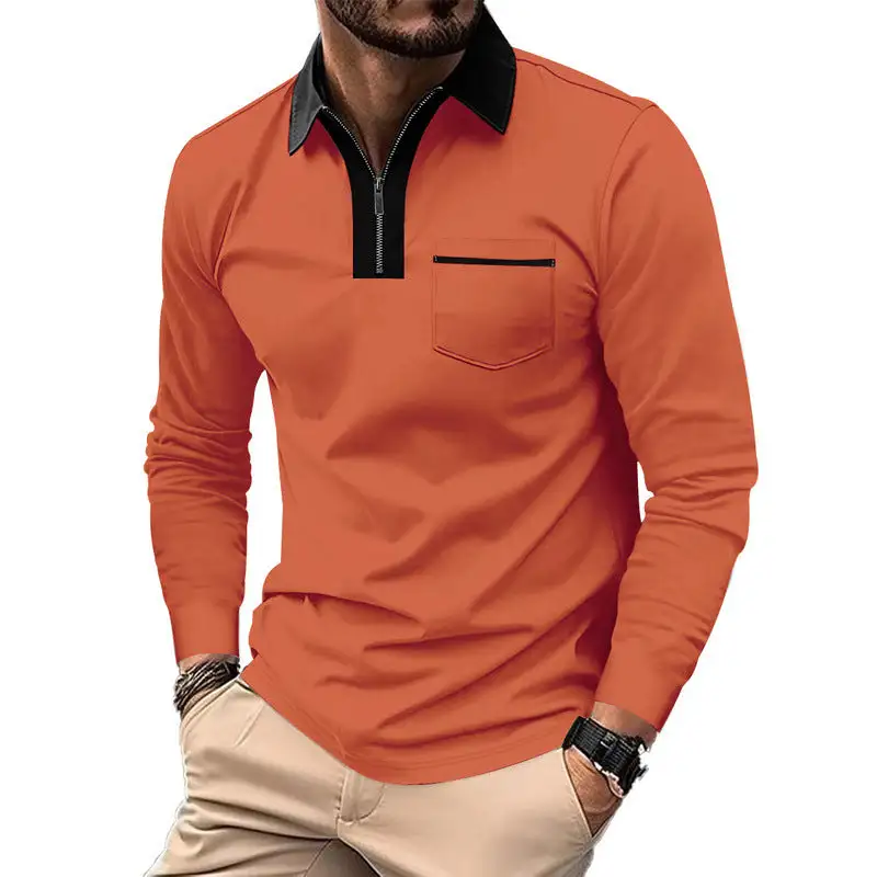 Stand Collar Chest Pocket Long Sleeve Polo Shirt