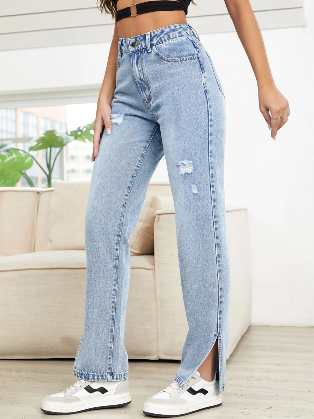 Distressed Washed Slit Pocketed Straight Leg Jeans