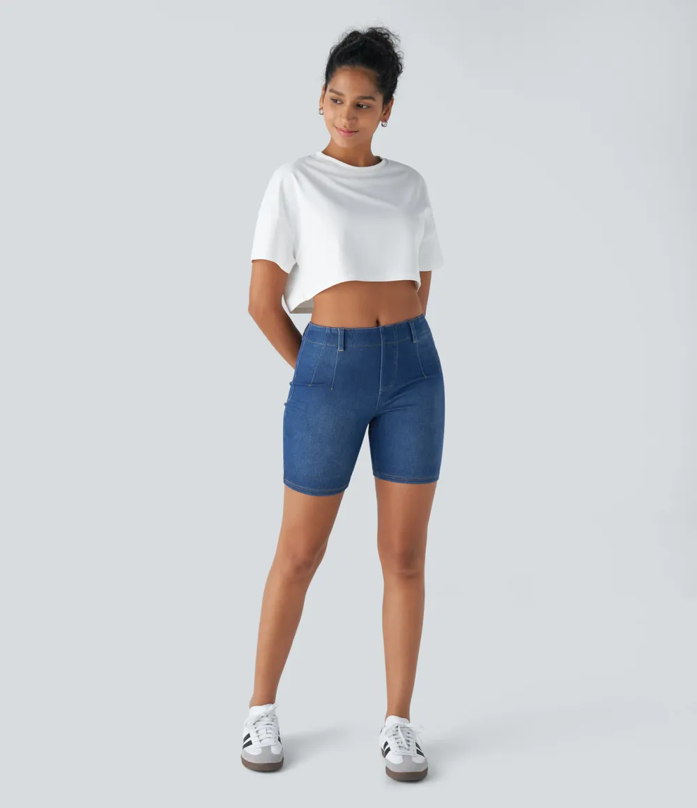 Magic Mid Rise Back Pockets Skinny Cool Touch Washed Stretchy Knit Denim Casual Shorts