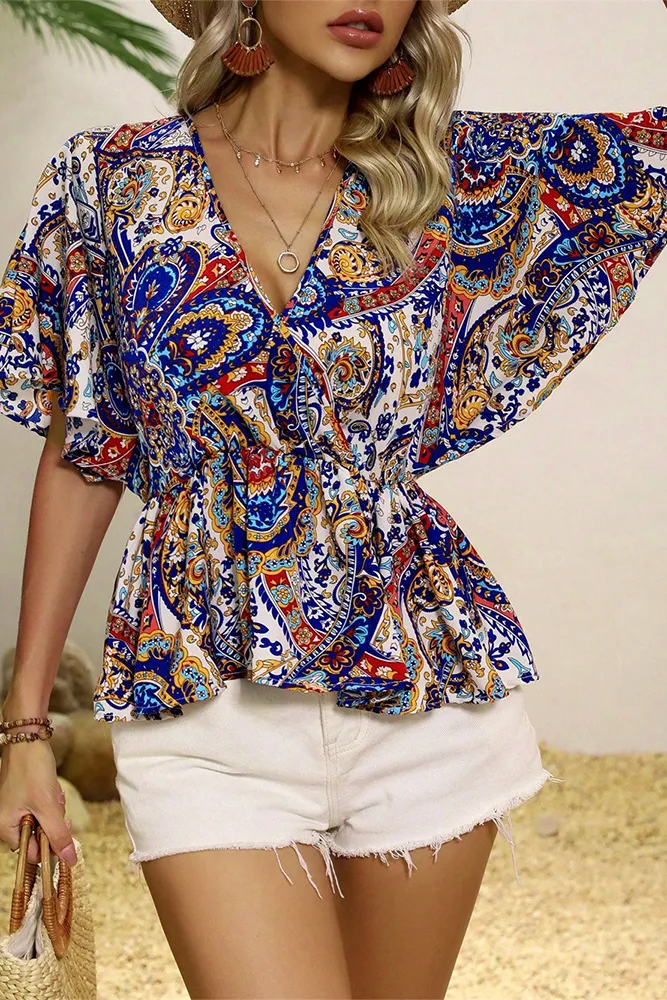 V Neck Elastic Waist Printed Blouse