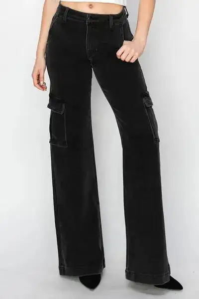 High Rise Wide Leg Cargo Pocket Pocketed Denim Jeans