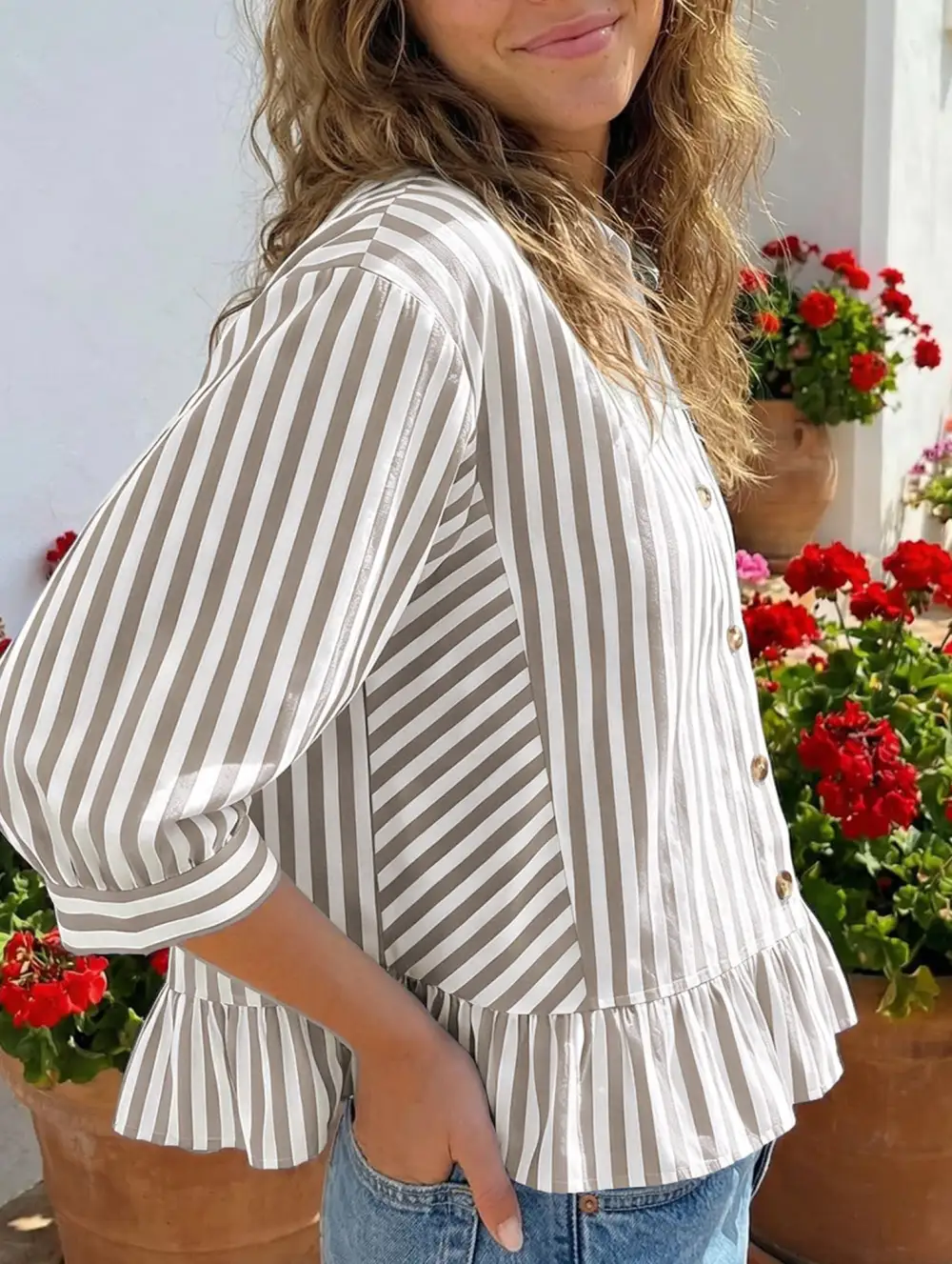 Stripe Button Three Quarter Sleeve Shirt