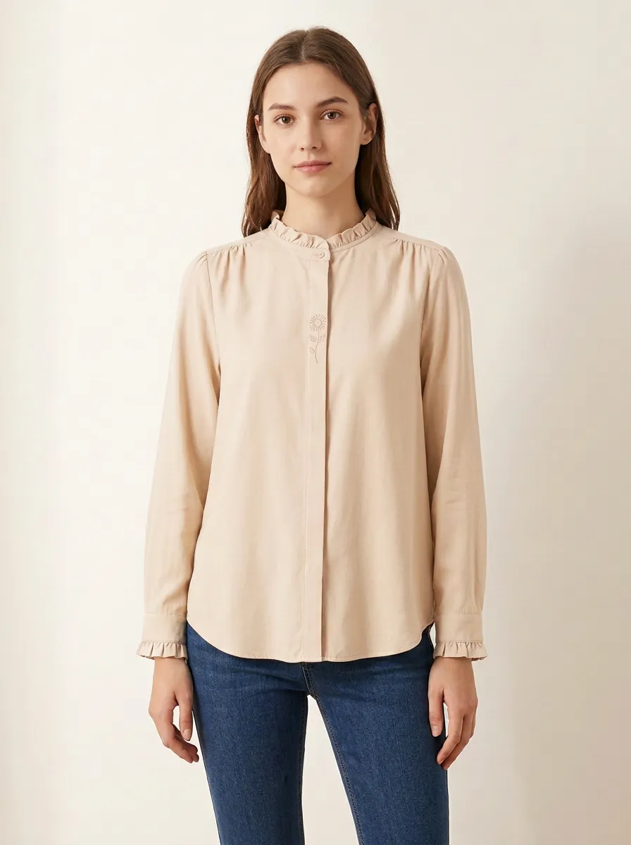 Women's Floral-Embroidered Ruffle-Collar Concealed-Placket Shirt