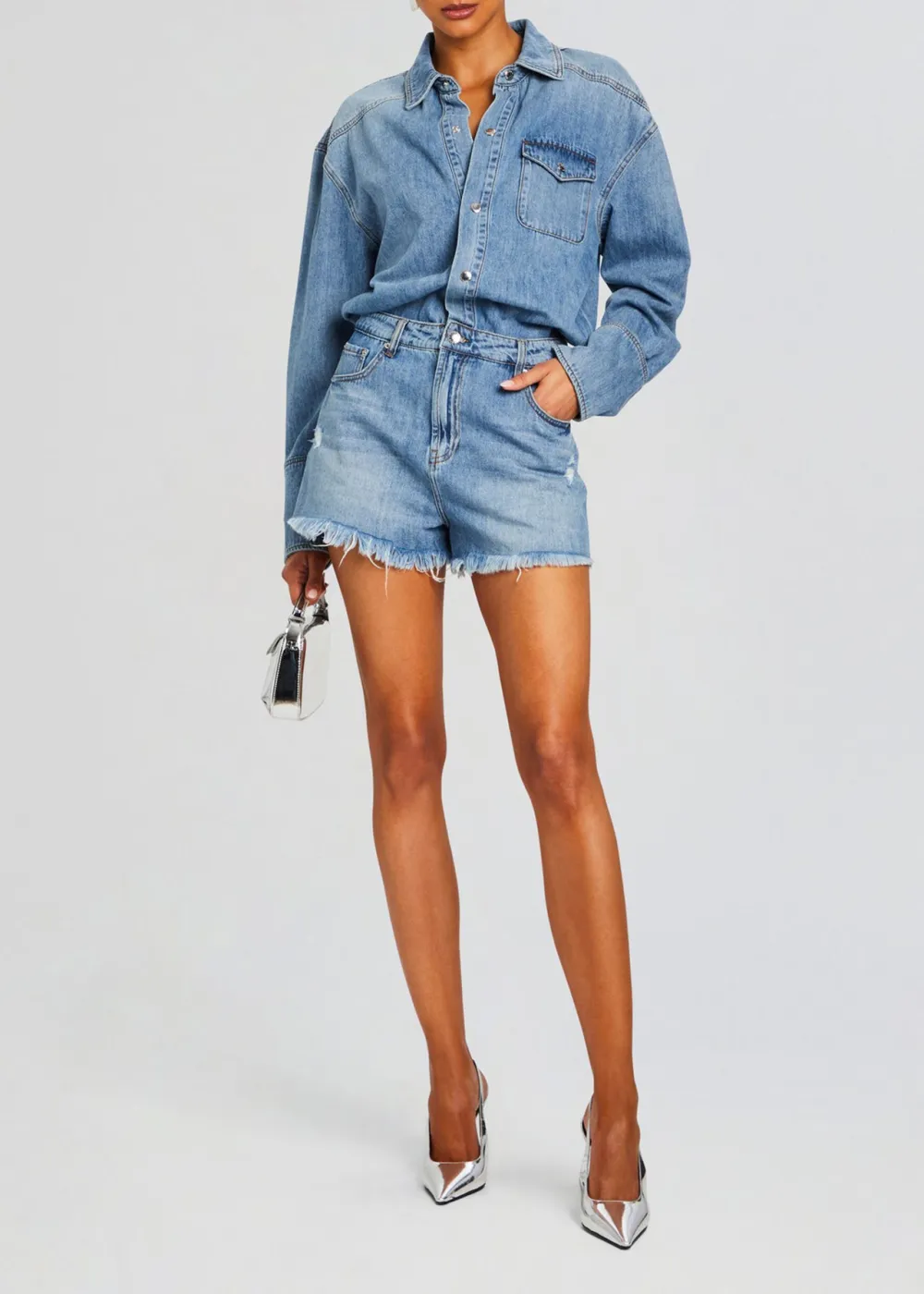 Long Sleeve V Neck Denim Romper