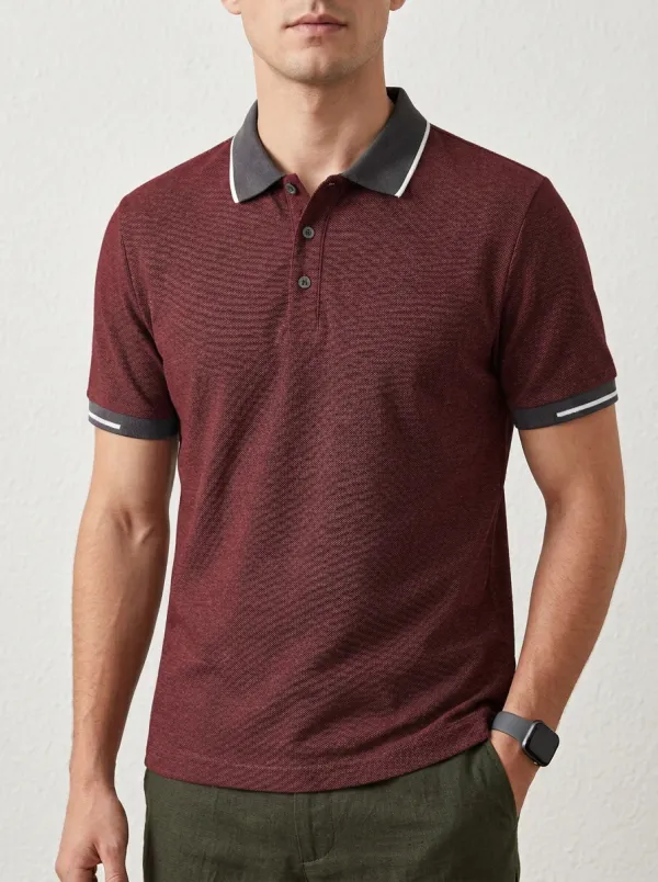 Men's Casual Grey Textured Contrast Trim Polo Shirt