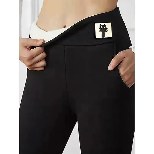 Women's Fleece Lined Leggings Leggings Cozy Fleece Lined Fashion Comfort Full Length High Waist Letter Patchwork Thermal Warm Soft Breathable Micro-elastic Casual Daily Outdoor Black Gray Fall Winter