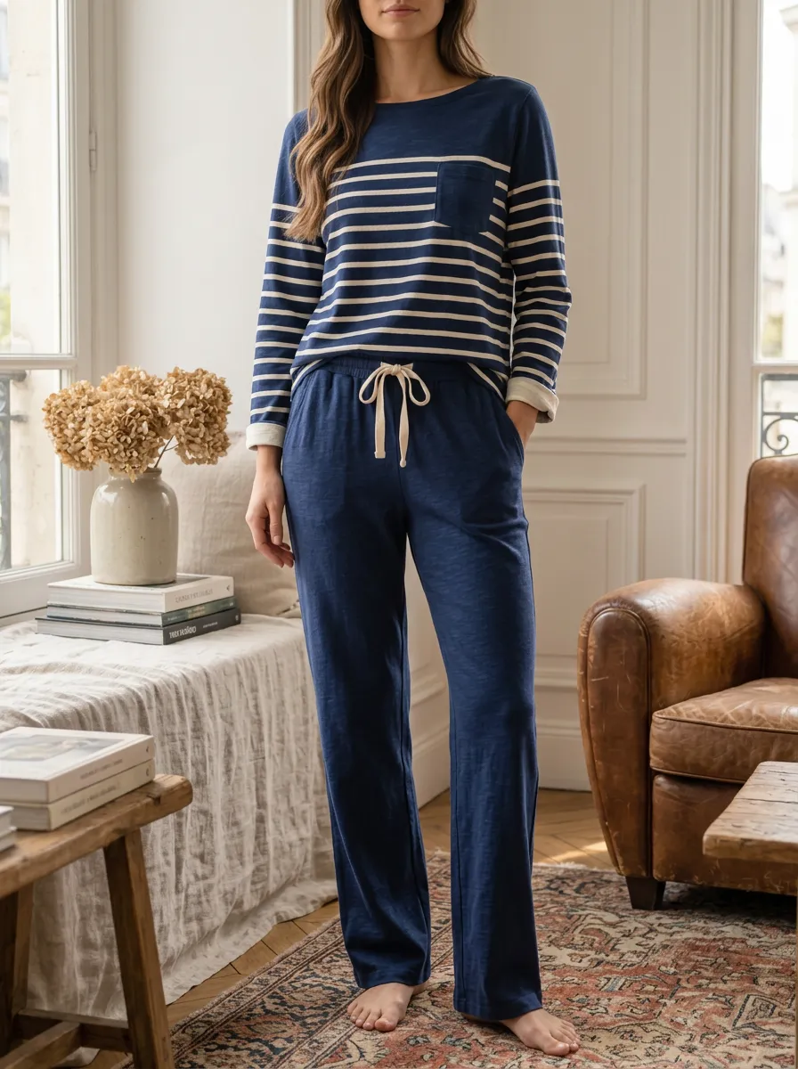 Women's Casual Navy Striped Long Sleeve Pocket Lounge Set