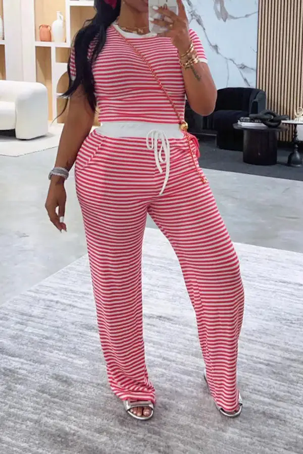 Striped Drawstring Round Neck Pant Set