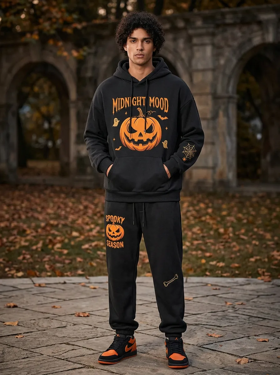 Men's Halloween Black Midnight Mood Pumpkin Spiderweb-Sleeve Hoodie Jogger Set