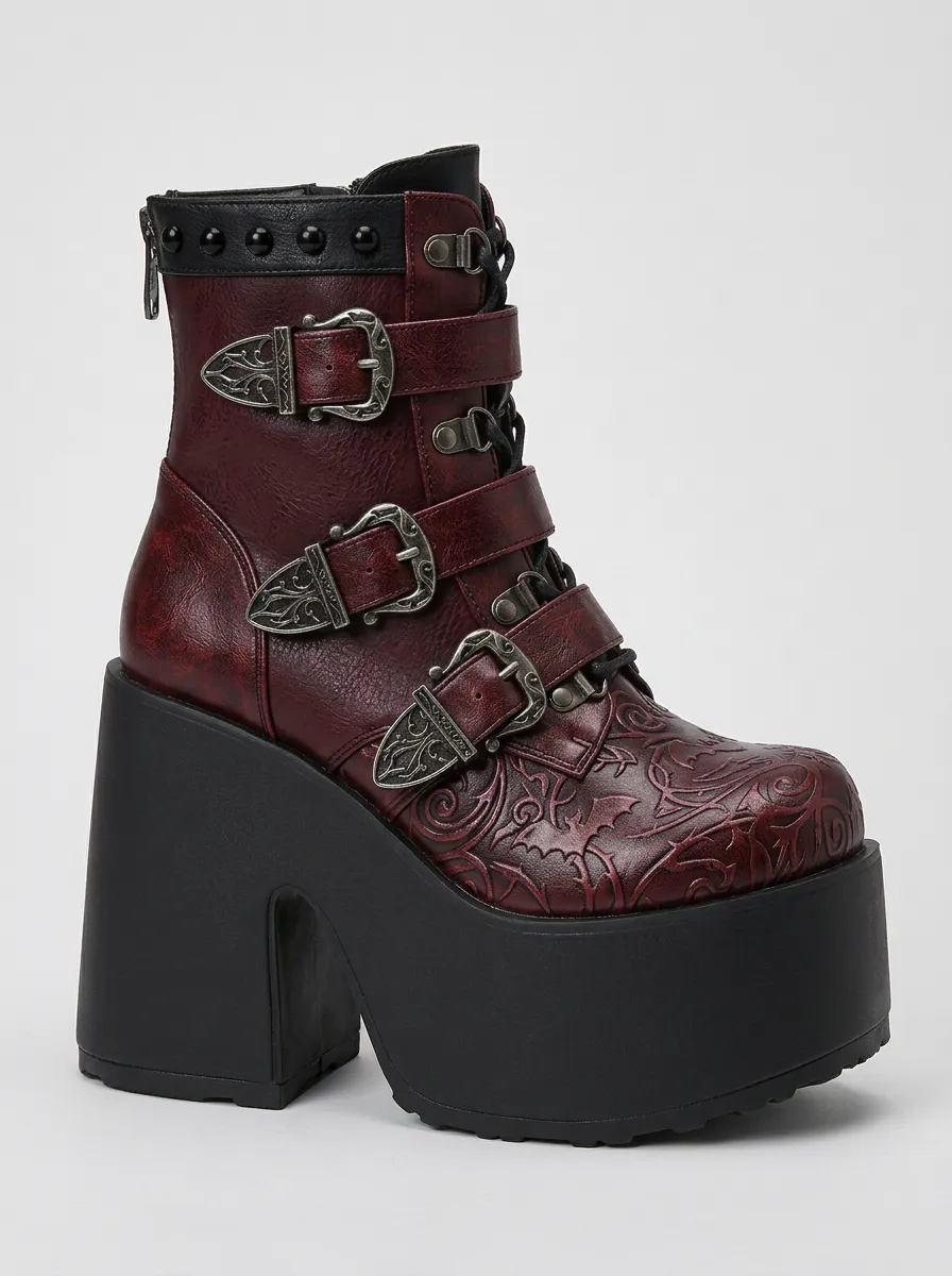 Dark Bat Buckle Embossed Profile Women's Gothic Platform Boots