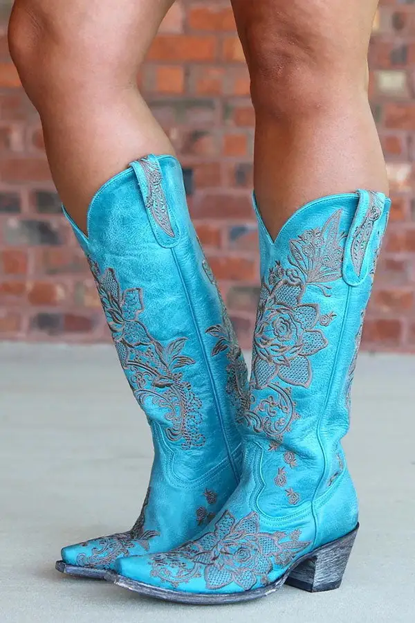 Floral Embroidery Block-Heel Boots