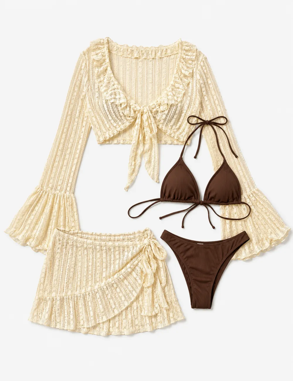 Solid Color Triangle Bikini Four Piece Set with Cover Up and Mini Skirt