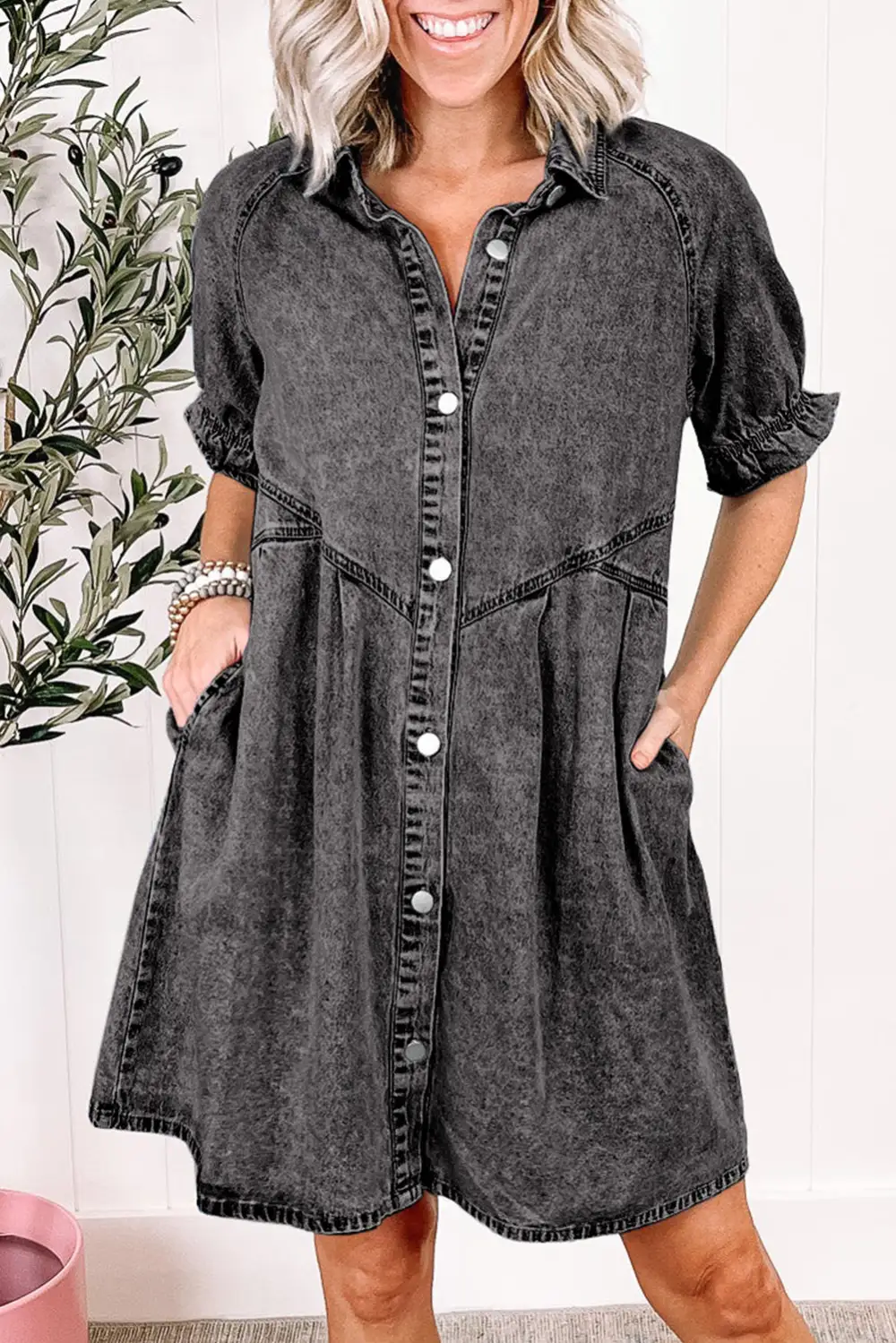 Medium Mineral Wash Ruffled Short Sleeve Buttoned Denim Dress