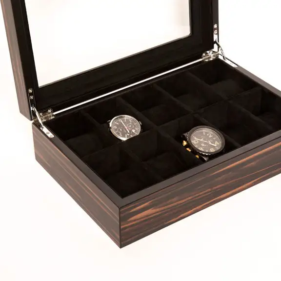 Ten Slot Wood Glass Top Watch Storage Box