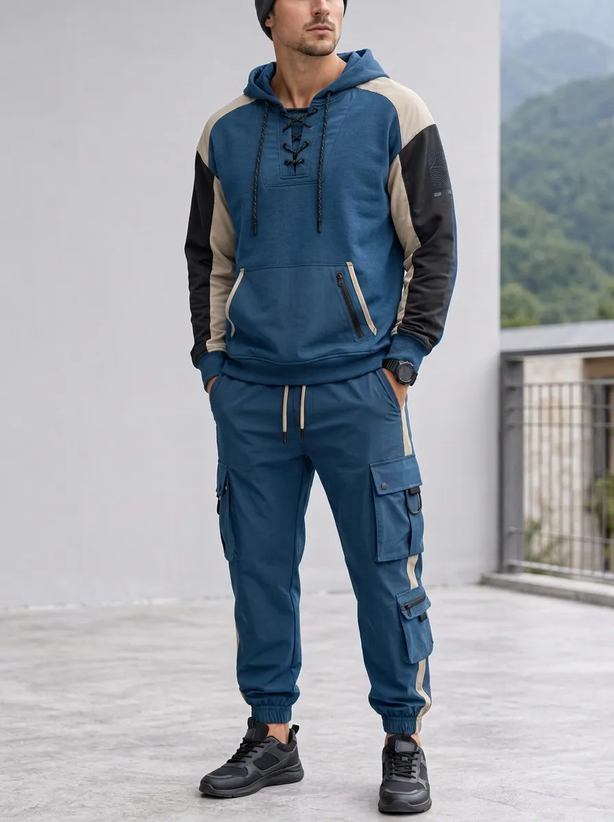 Urban Lace-Up Multi Pocket Outdoor Look Men's Lace Up Hoodie And Cargo Jogger Set