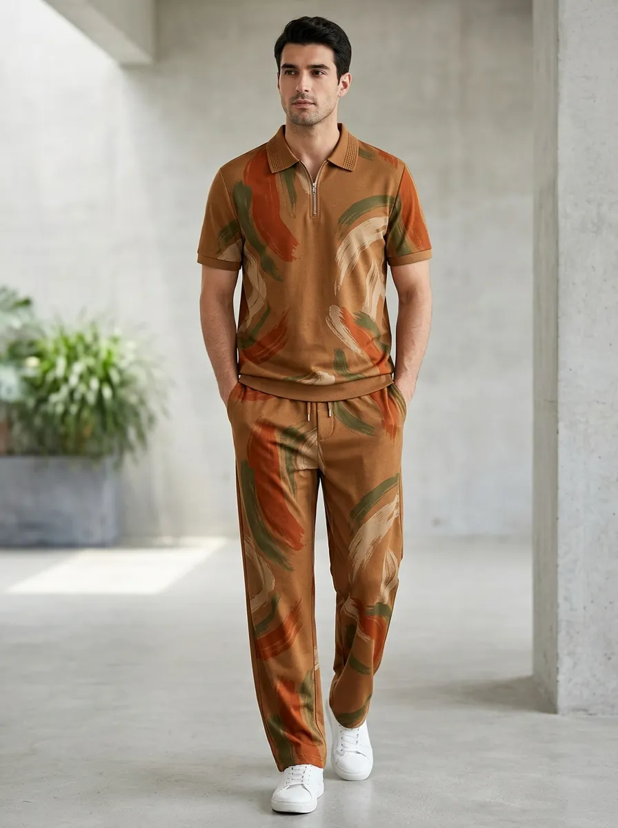 Men's Abstract Brushstroke Printed Casual Polo Shirt Set