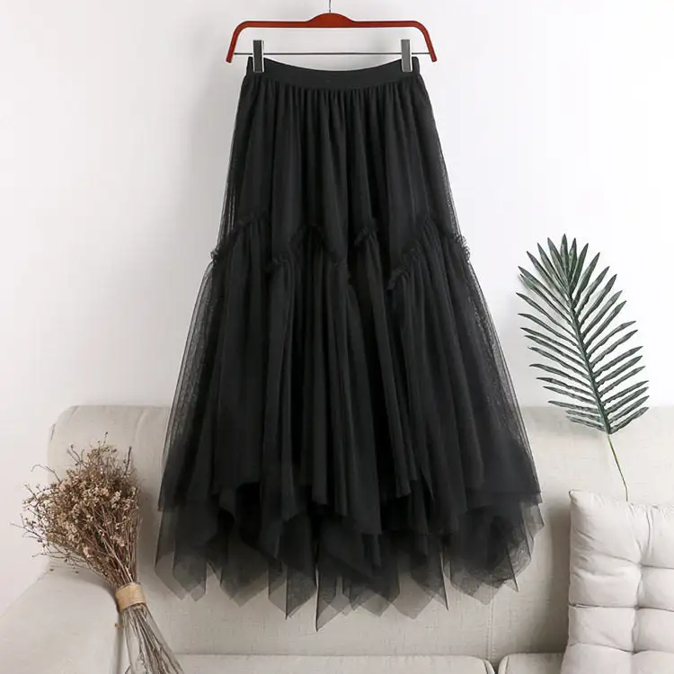 Casual High Waist Midi Skirt With Asymmetrical Mesh Layers
