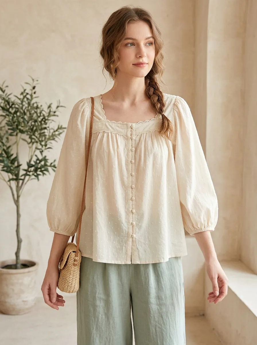 Button-Front Women's Puff-Sleeve Blouse