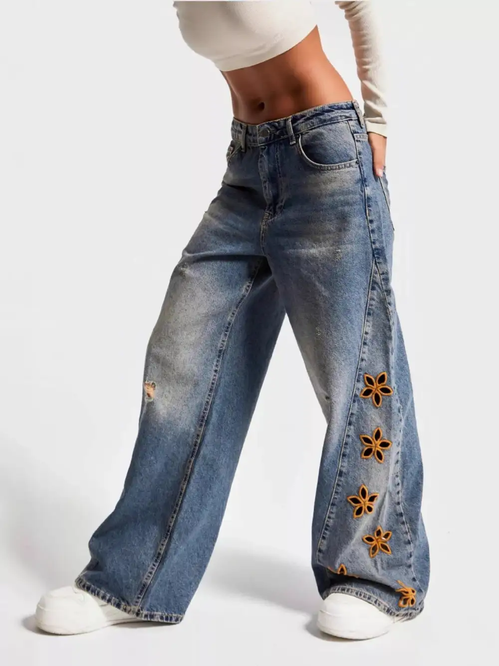 Denim Floral Print Wide Leg Distressed Jeans