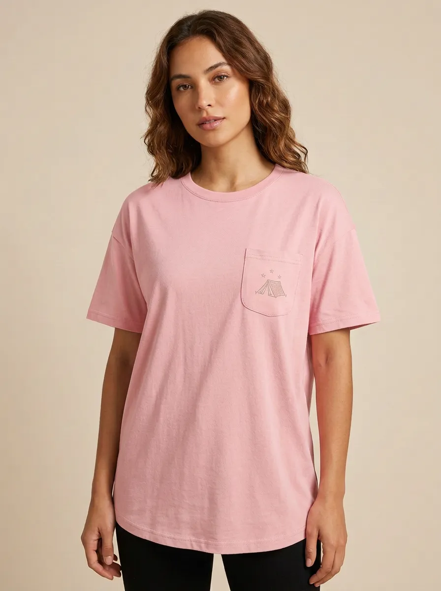 Women's Camping Tent Relaxed Graphic Pocket Crewneck T-Shirt