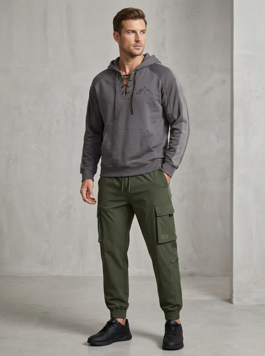 Trail-Inspired Lace-Up Mountain Graphic Classic Look Men's Lace Up Hoodie And Cargo Jogger Set