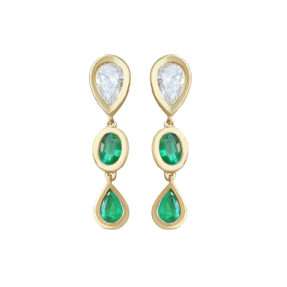 Pear Diamond And Emerald Bezel Set Long Drop Earrings