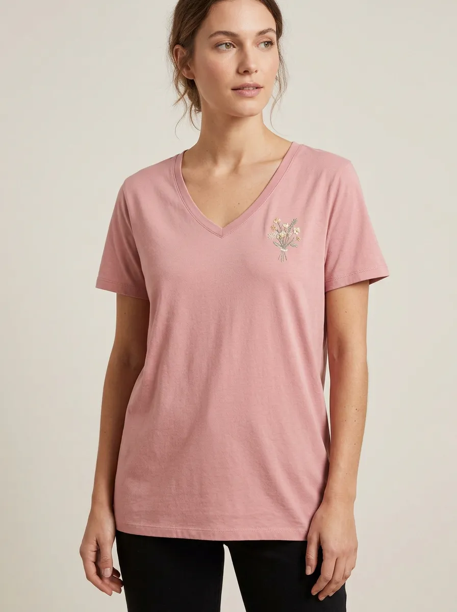 Women's Ribbed-Neck V-Neck T-Shirt