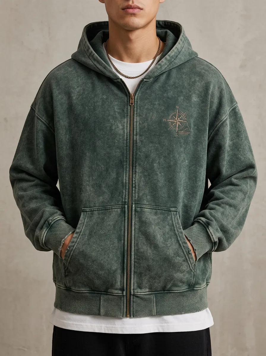 Men's Adventure Travel Compass Printed Mineral Wash Zip Hoodie
