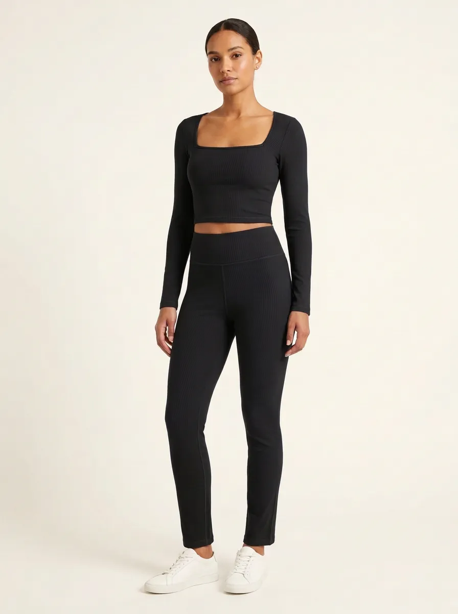 Women's Ribbed Square-Neck Crop Top and Tapered Legging Set