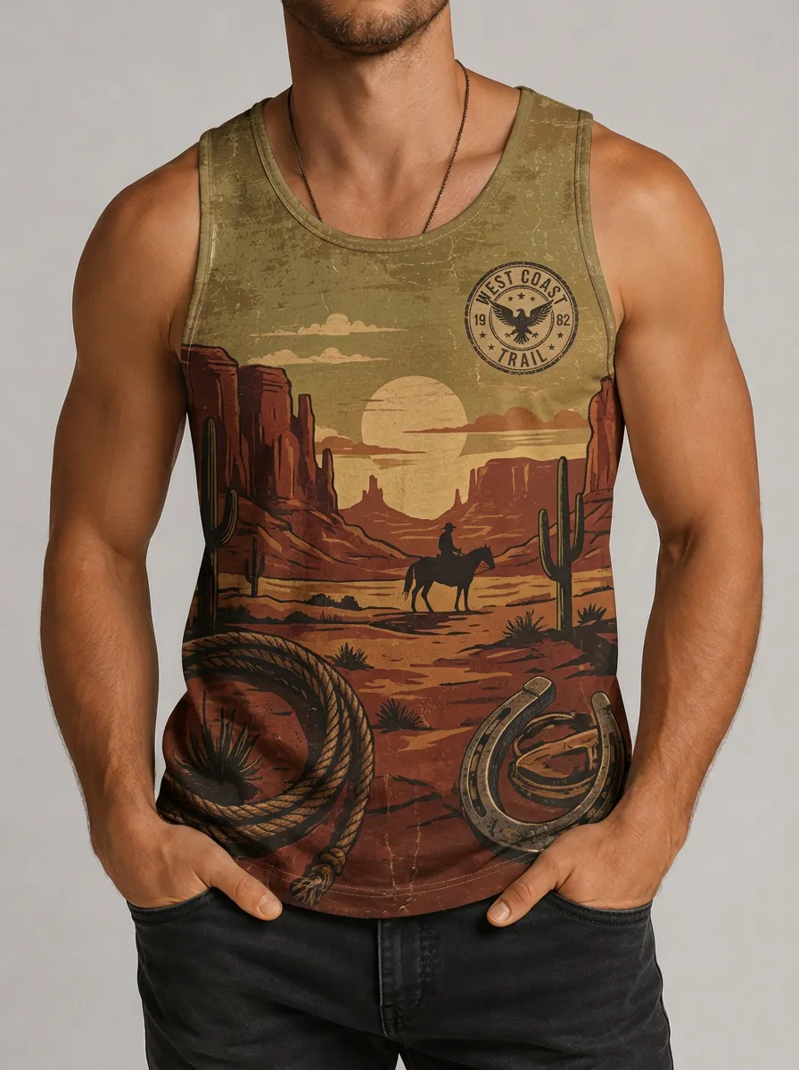 Men's Western Cowboy Desert Landscape Printed Tank Top
