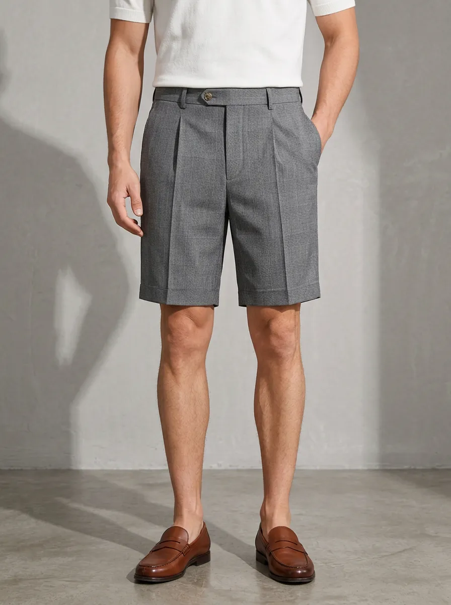 Men's Business Casual Grey Plaid Pattern Printed Shorts