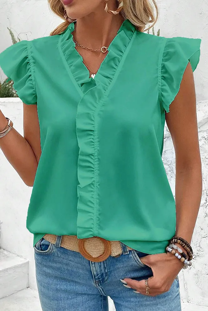 Button Ruffles Flutter Sleeves Blouse
