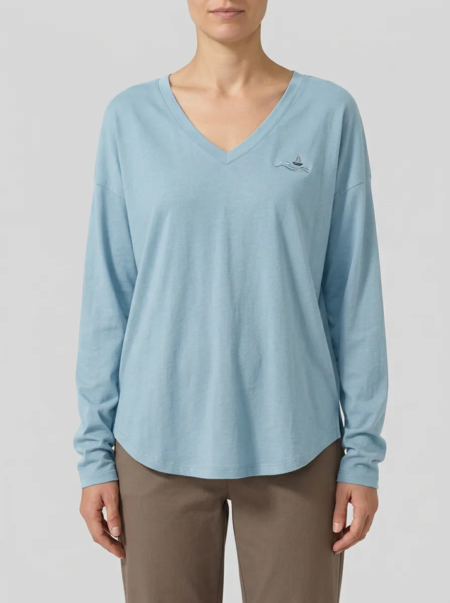Women's Dropped-Shoulder V-Neck Long-Sleeve T-Shirt with Sailboat Embroidery