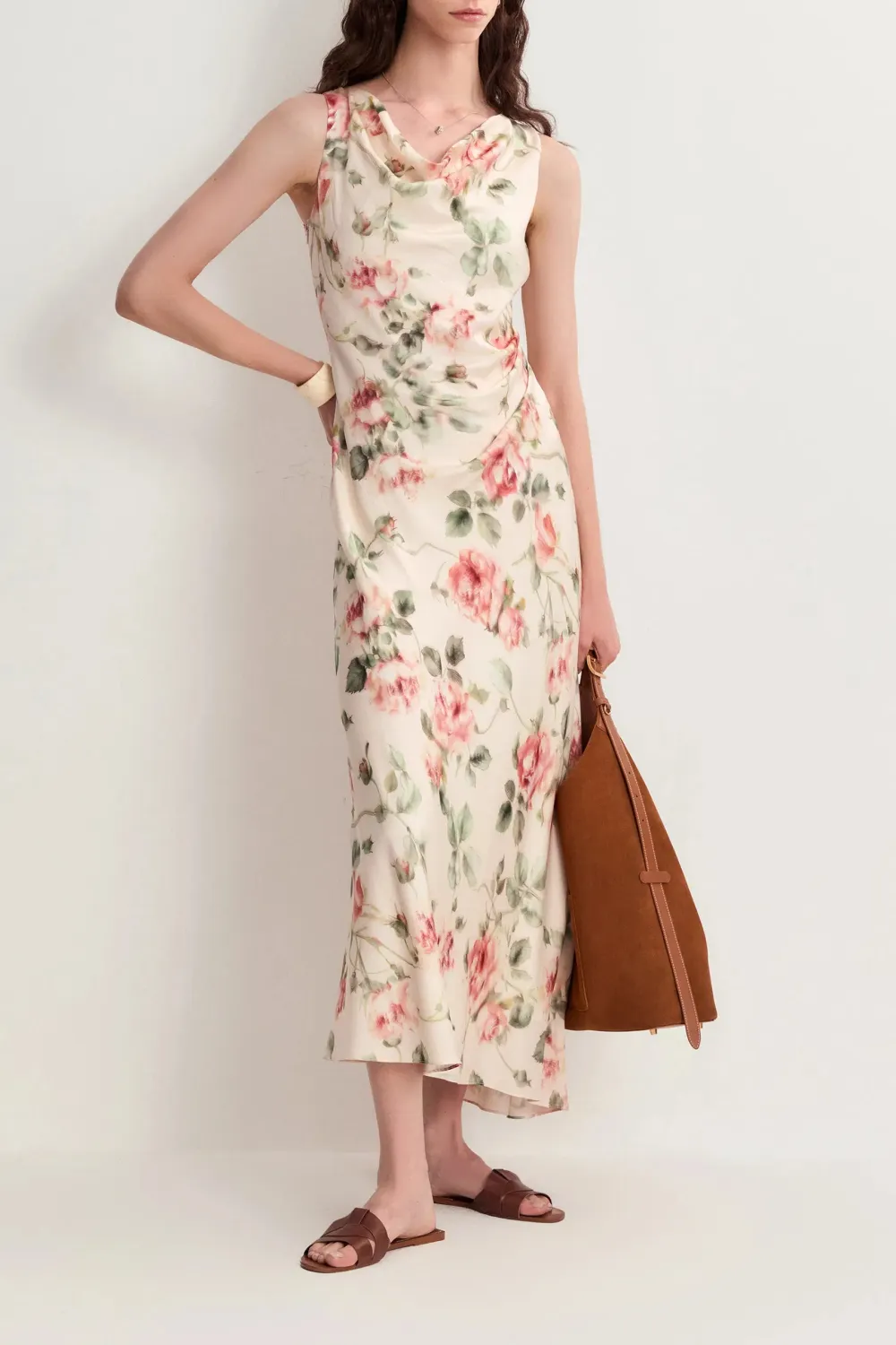 Sleeveless Cowl Neck Floral Silk Maxi Dress