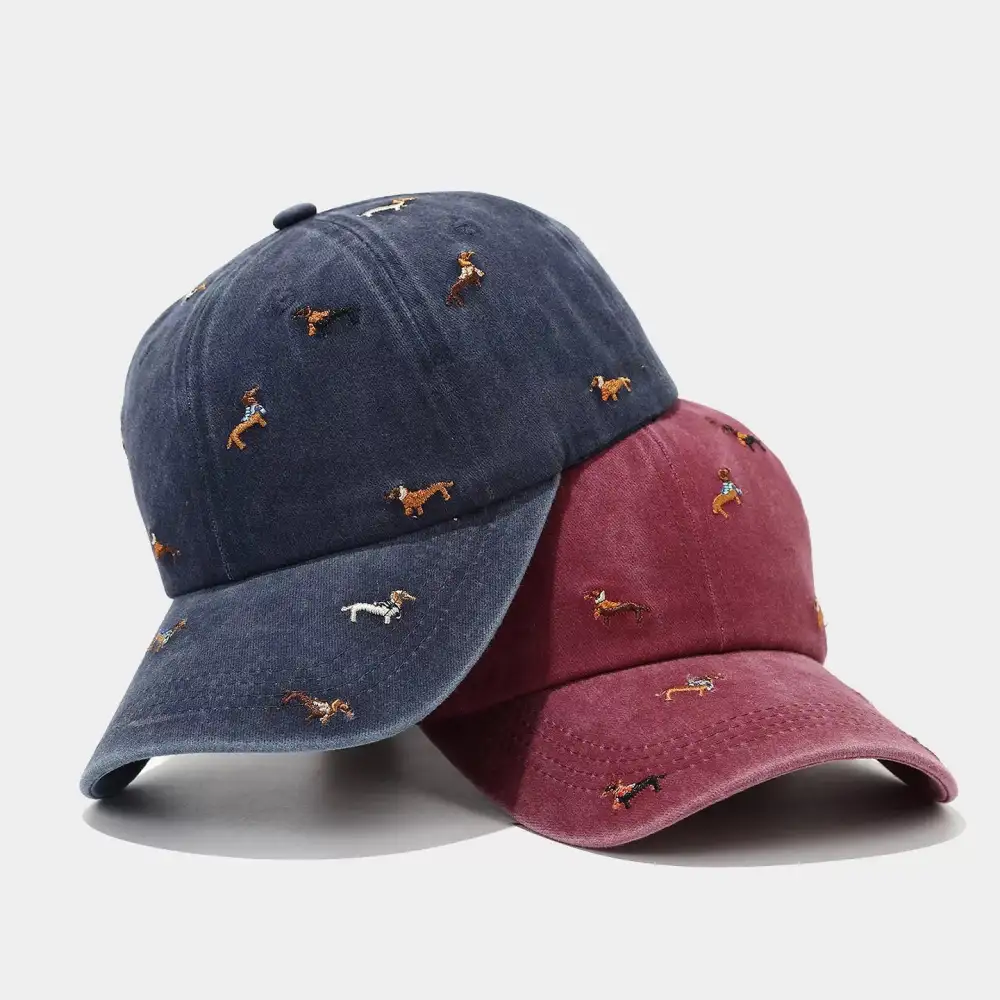 Dog Embroidered Washed Cotton Baseball Cap