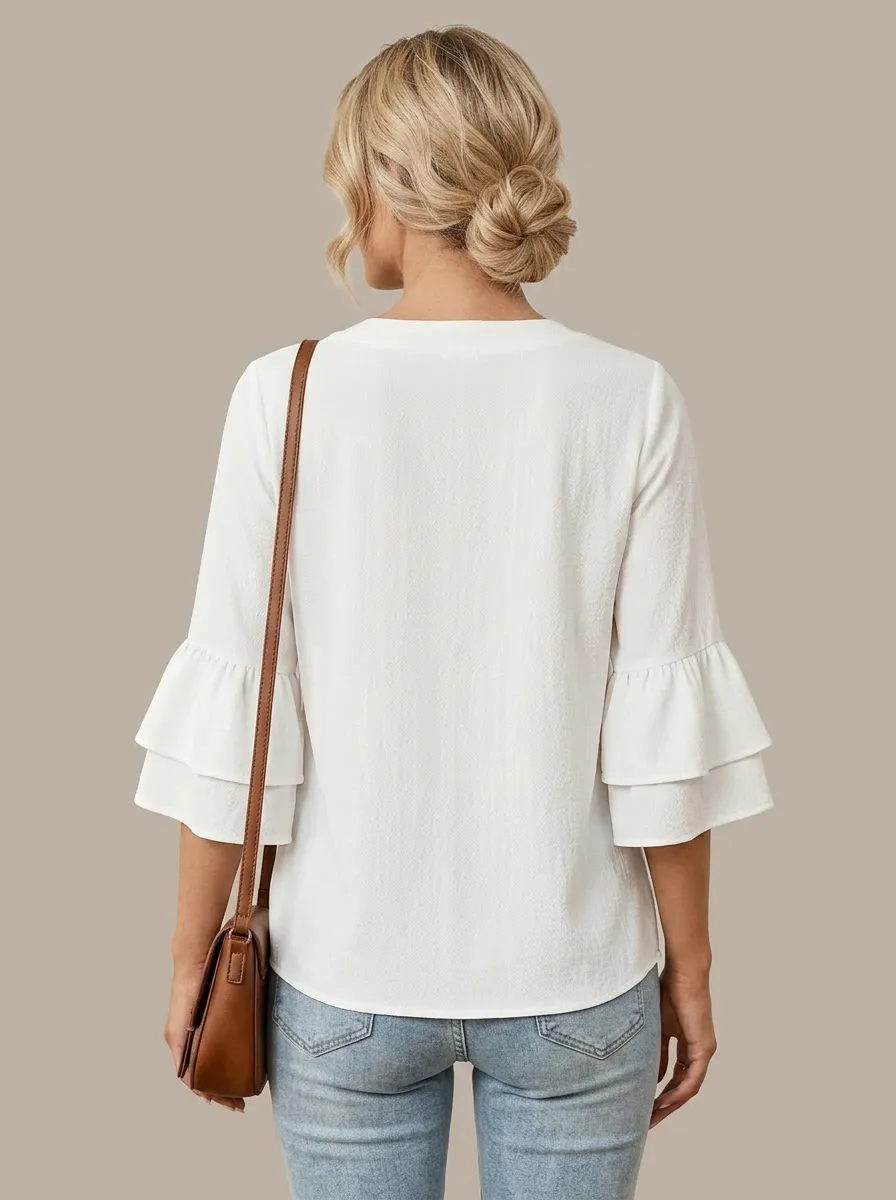 V-Neck Layered Ruffle Sleeve Blouse